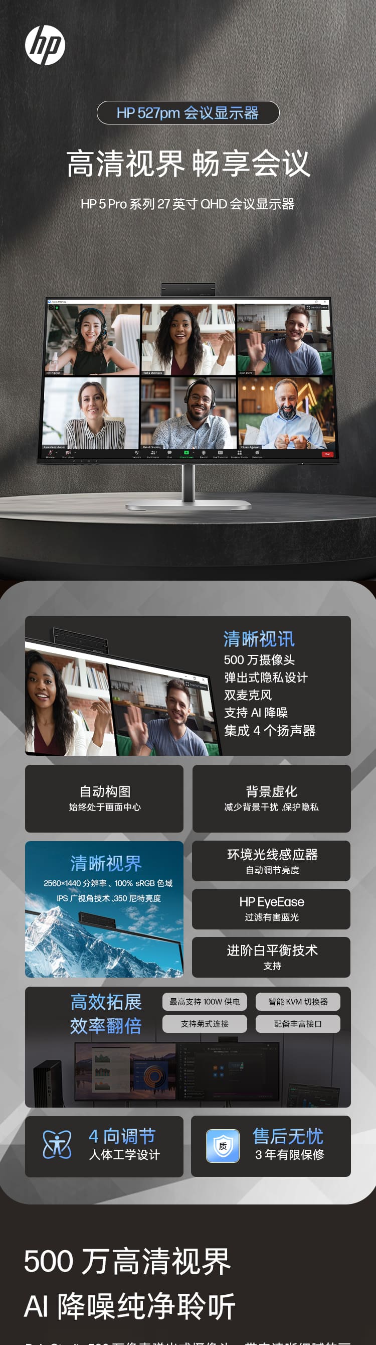 HP Series 5 Pro 27 英寸 QHD USB-C 会议显示器 - 527pm